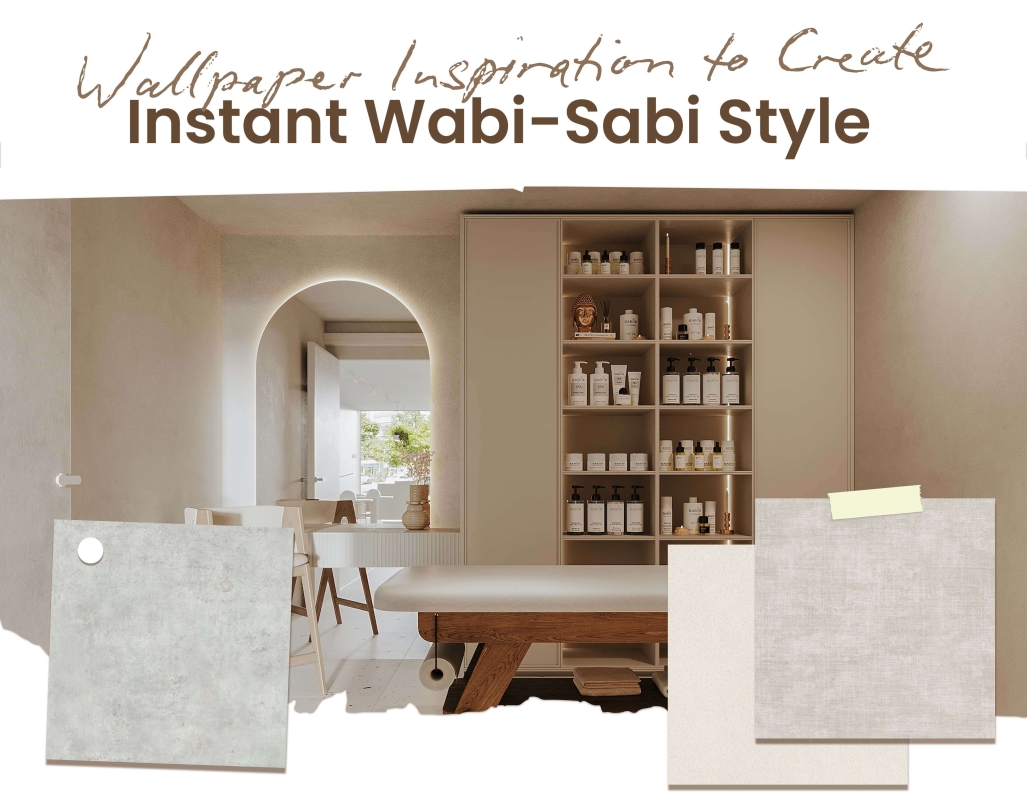 You can create a more instant and easy wabi-sabi style with concrete patterned wallpaper.